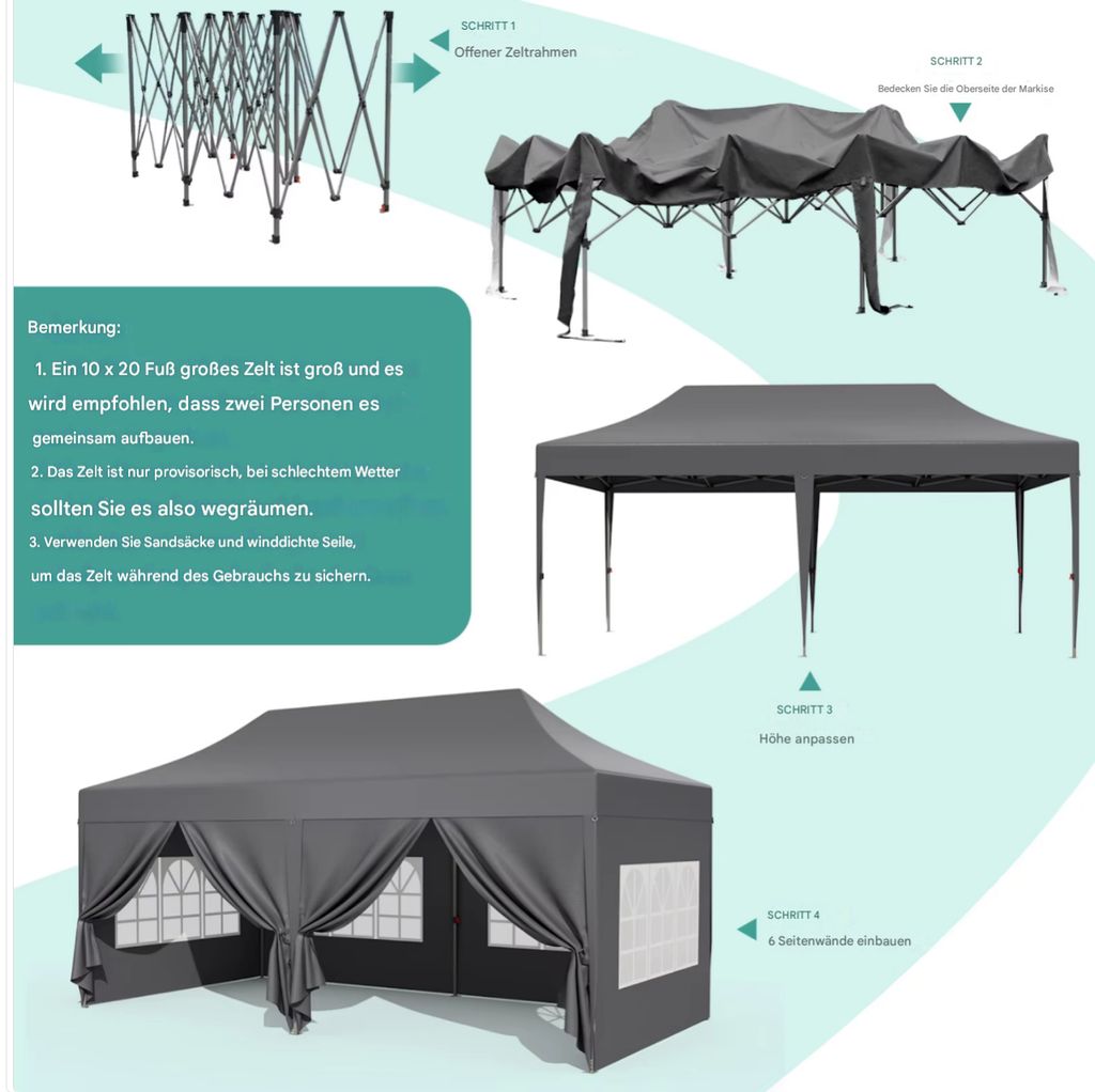 Partyzelt mit Seitenwänden - 300x600 cm - Faltbar - Weiß - Easy-Up Pavillon - Wasserdicht & Wetterfest - Höhenverstellbar