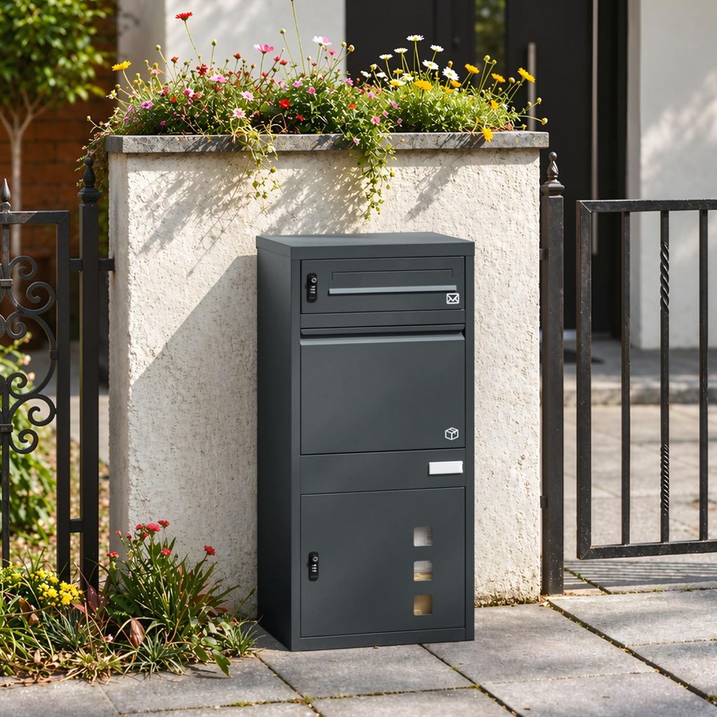 SoBuy Paketbox OGS66-DG als dunkelgrauer Metallschrank vor Hauswand mit Blumen und Gitterzaun