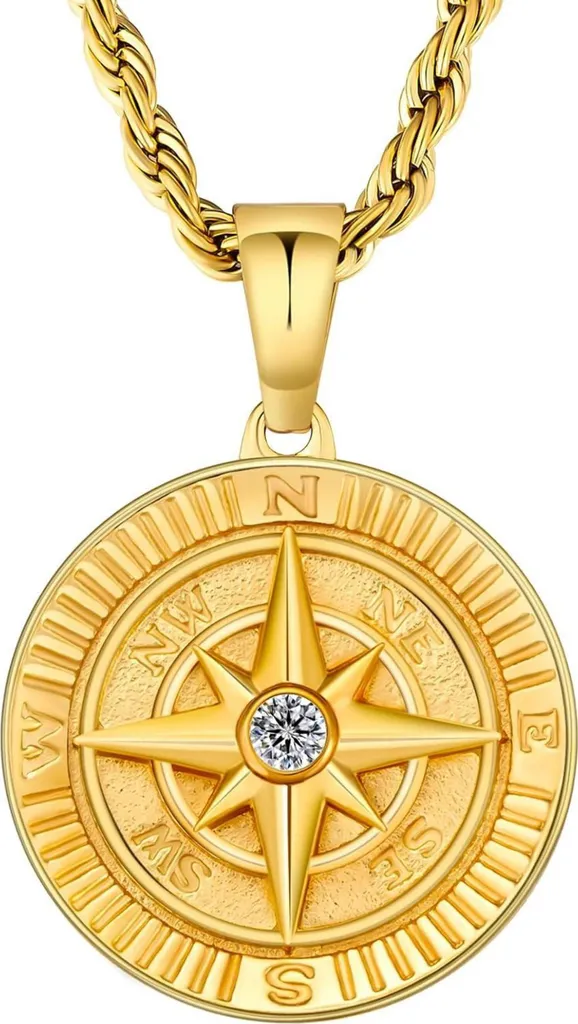 Collier Boussole Homme Cadeau Idéal - Chaîne Plaquée Or 18K Inoxydable
