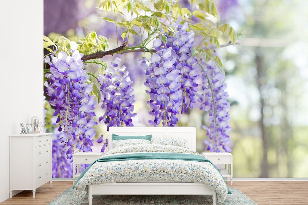MuchoWow Fototapete für Wohnzimmer oder Schlafzimmer Wandtapete Vinyl Motivtapete Blauer Regen in voller Blüte - 450x300 cm - Gemusterte