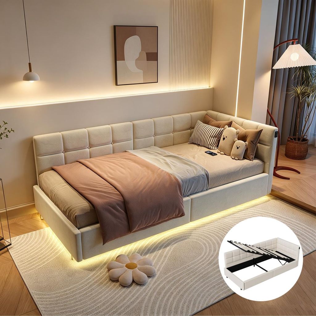 INONEFT Polsterbett90x200mit LED und USB/C,Jugendbett mit Produktbild 