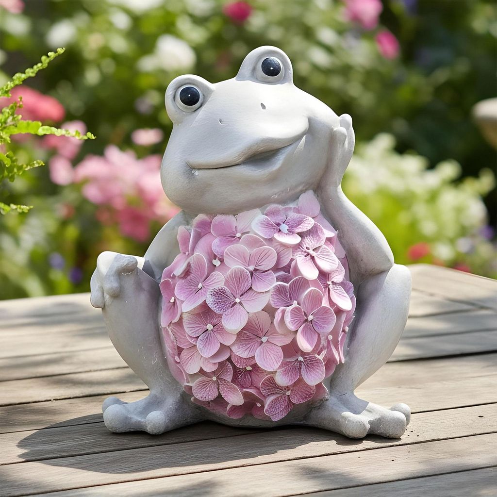 Dekofigur Frosch Grau Rosa Blüten Gartenfigur H21cm Kunststein Gartendeko Wohndeko Deko Blumen Frühlingsdeko Steinoptik