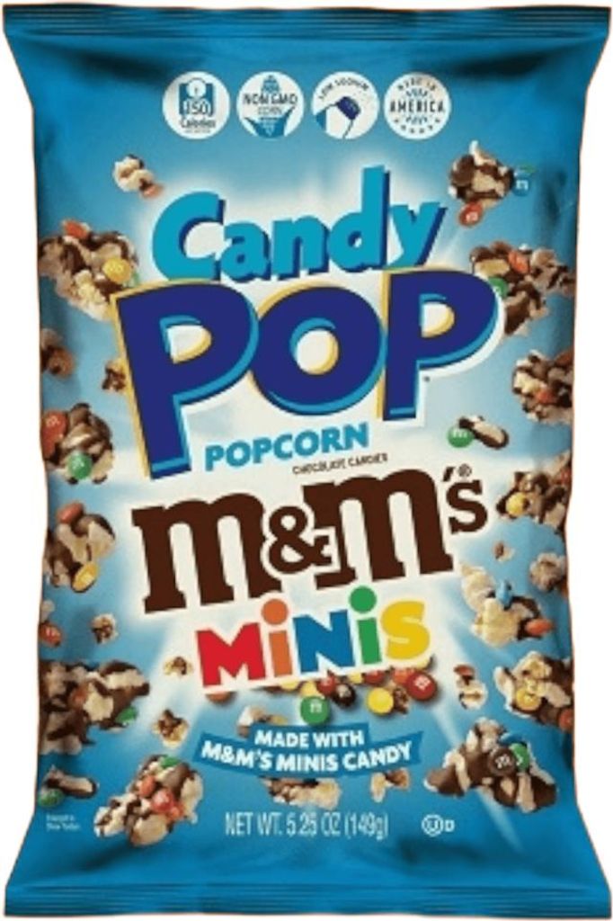 A bag of Candy Pop Popcorn with M&M's Minis.