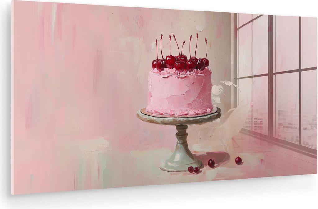 MuchoWow Glasbilder - Bilder auf Wandbild - Foto auf Glas Torte - Rosa - Kirsche 80x40 cm Wanddekoration aus Glas - Acrylglasbild - Acrylbilder - W...