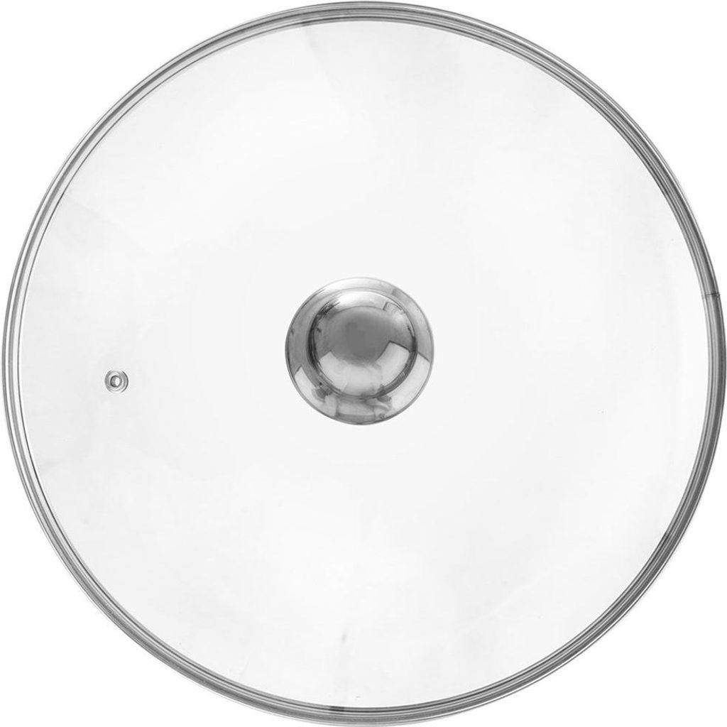A clear glass pot lid with a silver handle and rim, shown from a top-down perspective against a white background.