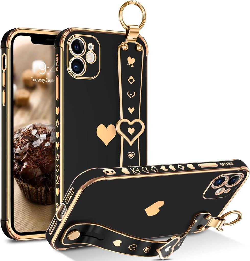Apple Iphone 11 Silikonhülle Schwarz Gold Herz + Halter A2111