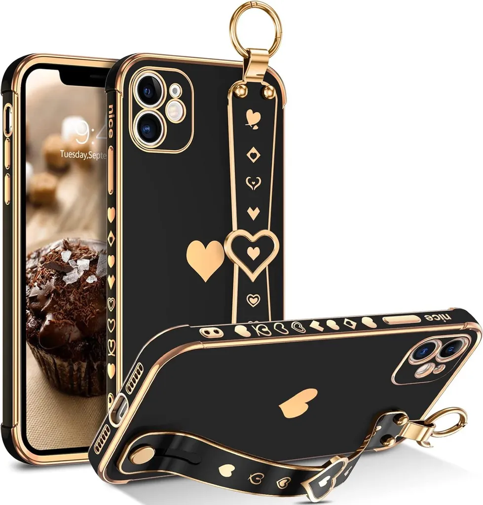 Coque iPhone 11 Silicone Souple Noir et Or - Support Cœur Chic A2111