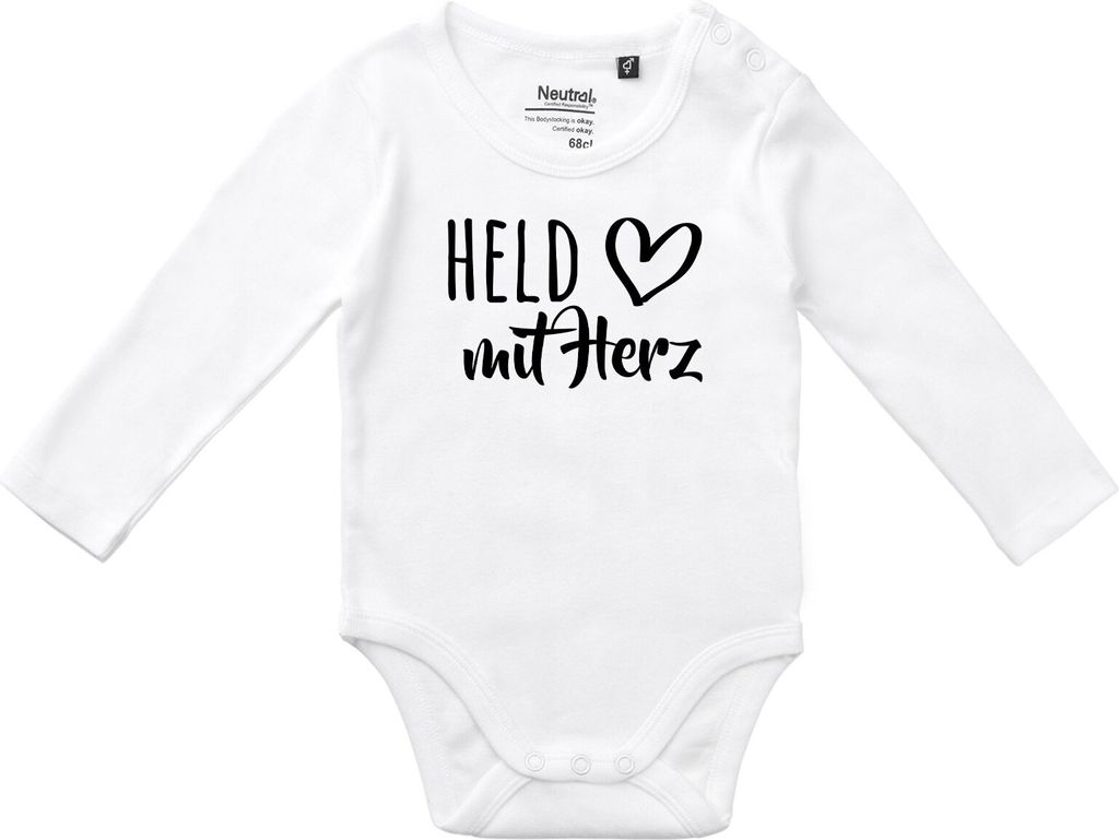 Huuraa Baby Body Held mit Herz 74 White Baumwolle Fairtrade Langarmbody Geschenkidee