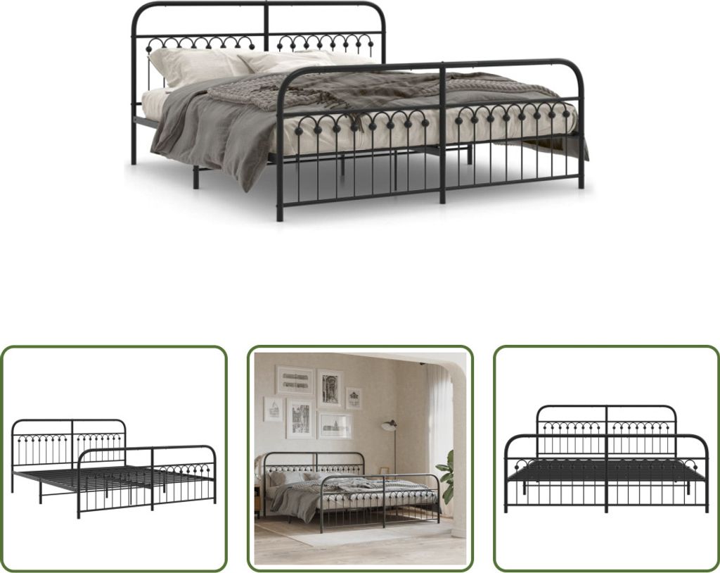 The Living Store Bettgestell mit Kopf- und Fußteil Metall Schwarz 183x213 cm