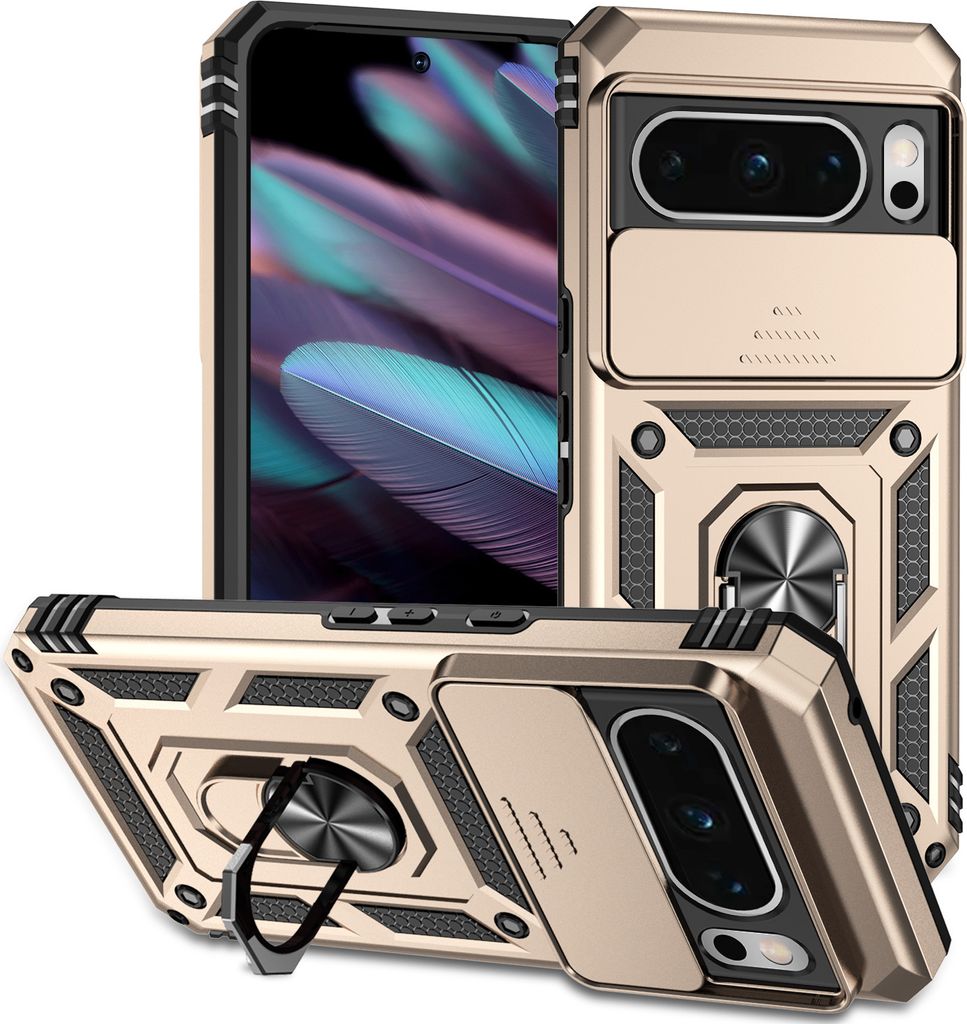 Google Pixel 8 Pro Hülle mit Schiebe Kamera Schutz und Ringhalter Ständer Schutzhülle für Google Pixel 8 Pro Gold