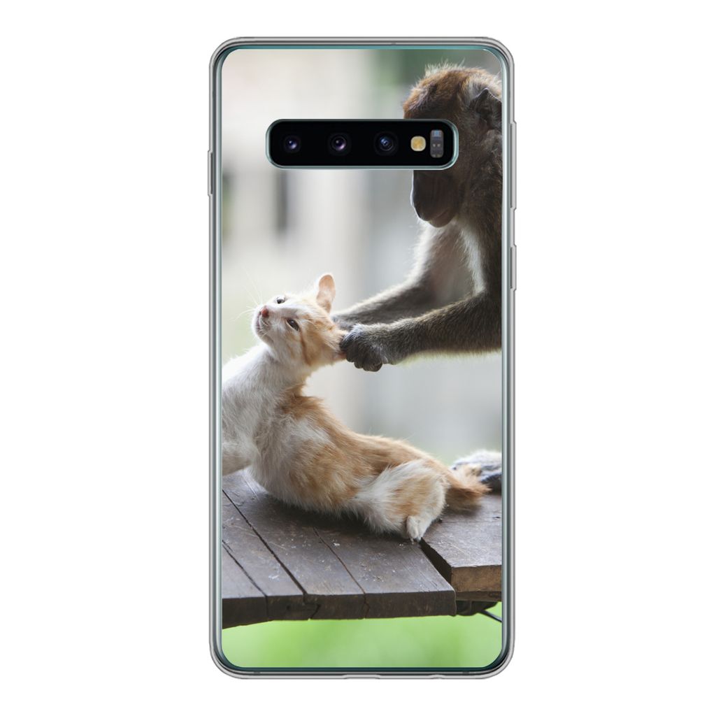 MuchoWow Handyhülle Schutzhülle Hülle für Samsung Galaxy S10 Katze - Affe - Holz Silikon Softcase Handy Hülle - Handytasche