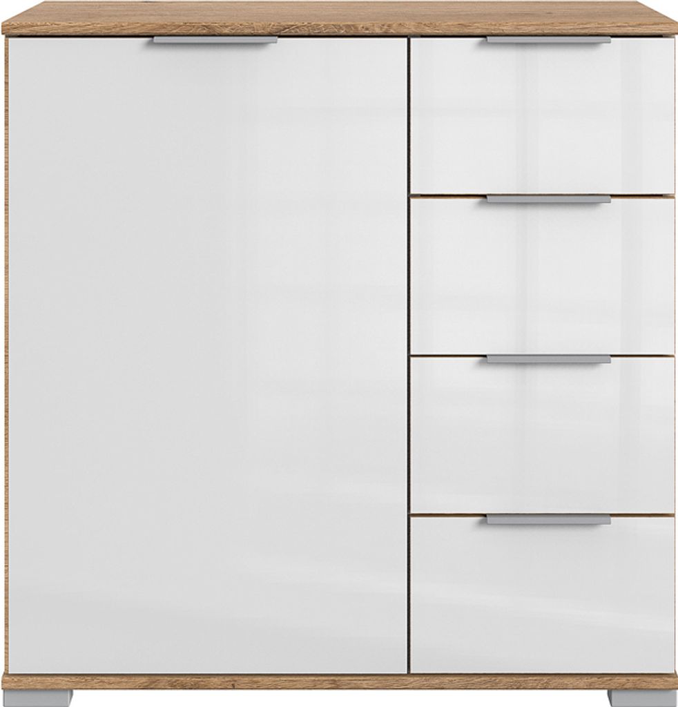 Schlafzimmer Kommode in Plankeneiche Nb. mit weißem Glas ELSTRA-43, B/H/T ca. 81/83/41 cm