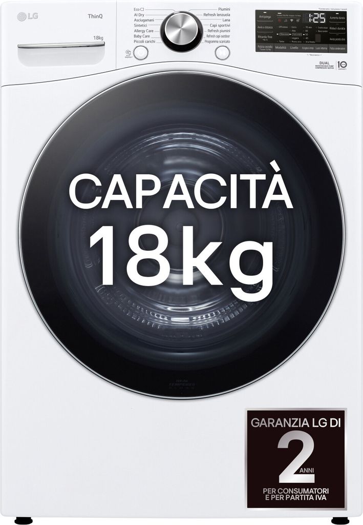 A front view of a white LG washing machine with its door open, displaying text about its capacity and warranty.
