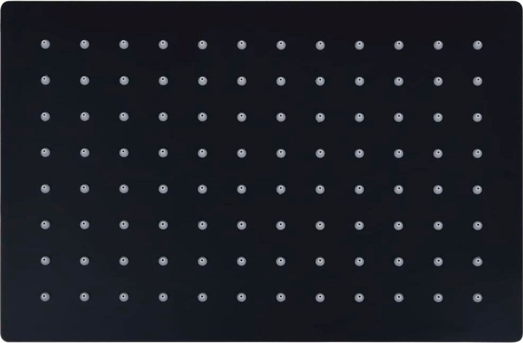 A close-up, top-down view of a black rectangular shower head with multiple silver nozzles.