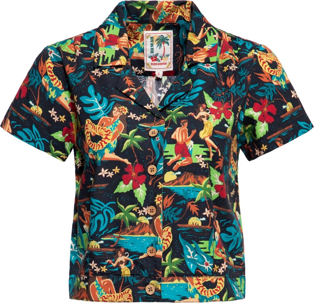 QUEEN KEROSIN Kurzarm Bluse Im Hawaiianischem Design Schwarz Xxl