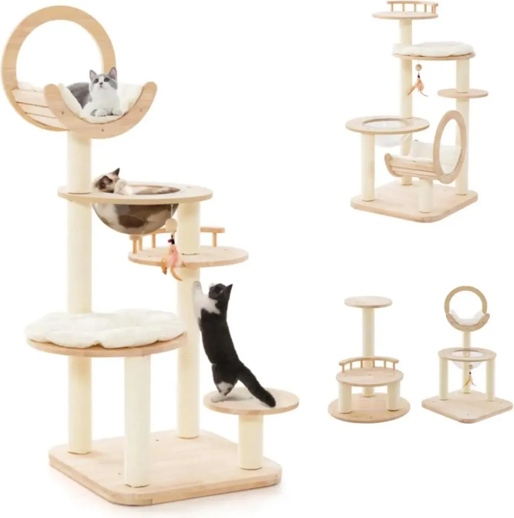 Arbre à chat beige 146 cm idéal pour appartement et multi-chats