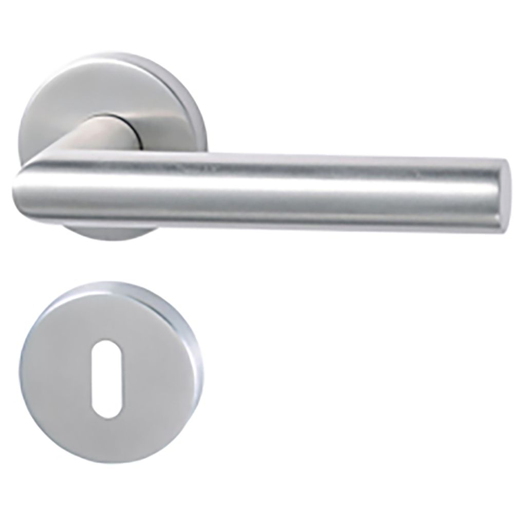 A silver door handle and escutcheon plate are shown against a white background.