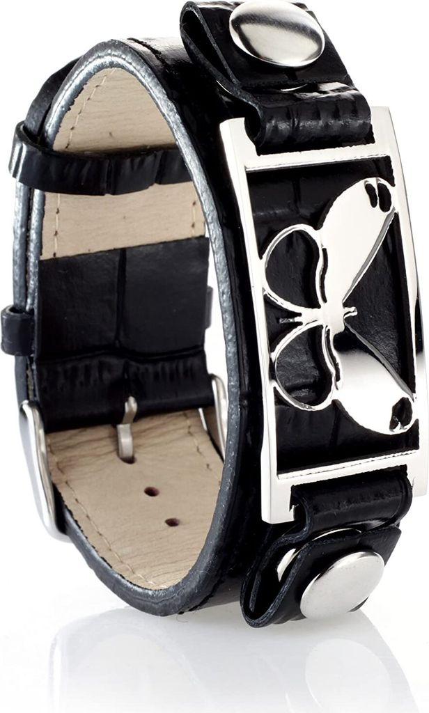 Karisma Uni Leder Armband Schwarz Mit Edelstahl Platte Motiv Schmetterling-SB8954