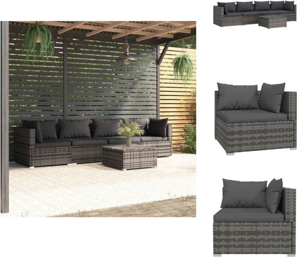 vidaXL 5-tlg. Garten-Lounge-Set mit Kissen Poly Rattan Grau - Gartenmöbel-Sets