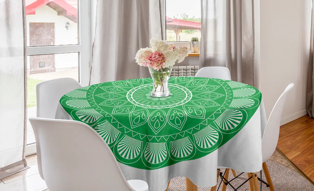 ABAKUHAUS Tovaglia rotonda verde Mandala, motivo floreale orientale, tovaglia circolare per sala da pranzo, decorazione per cucina, 150 cm, verde e bianco