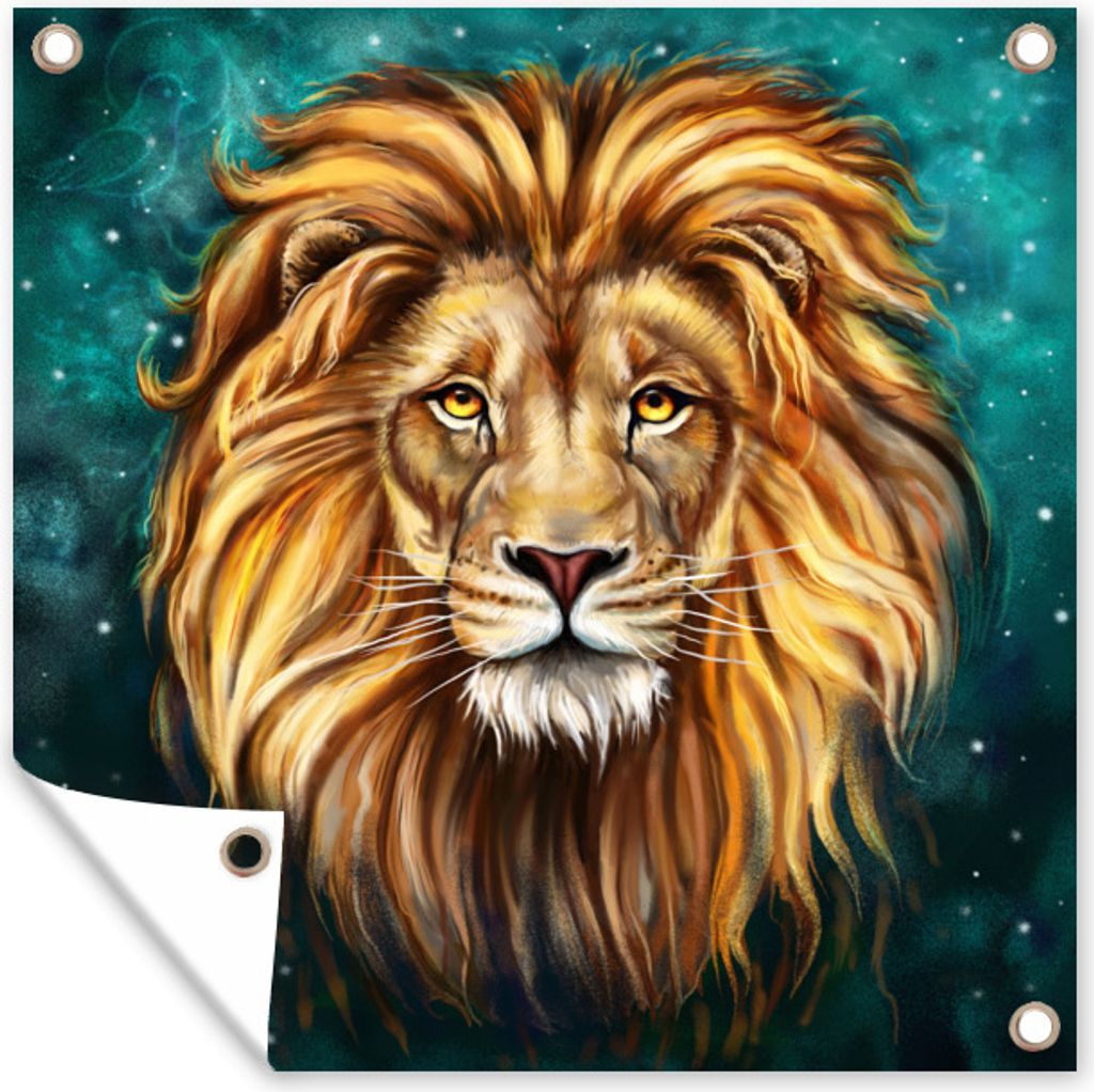 MuchoWow 50x50 cm Outdoor-Poster Gartendeko Sichtschutz Garten Poster für den Garten Löwe - Gemälde - Sternenhimmel