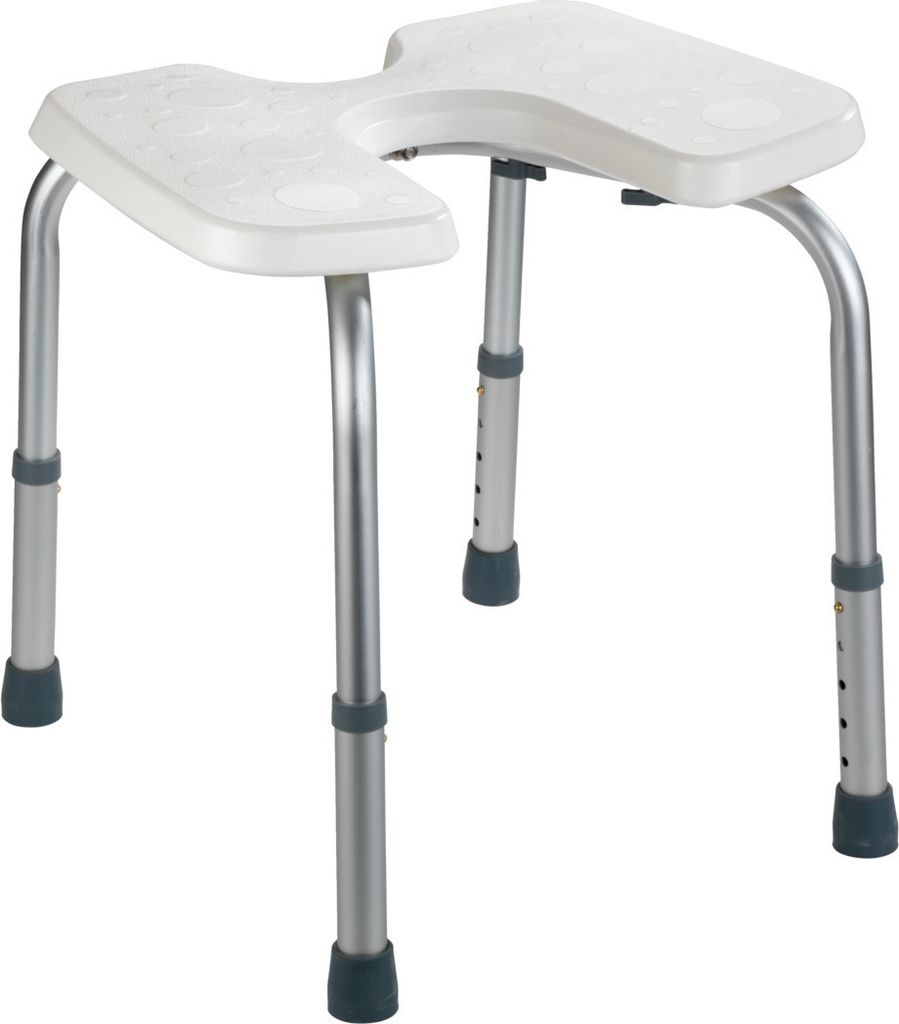 A white shower stool with adjustable height legs on a white background.