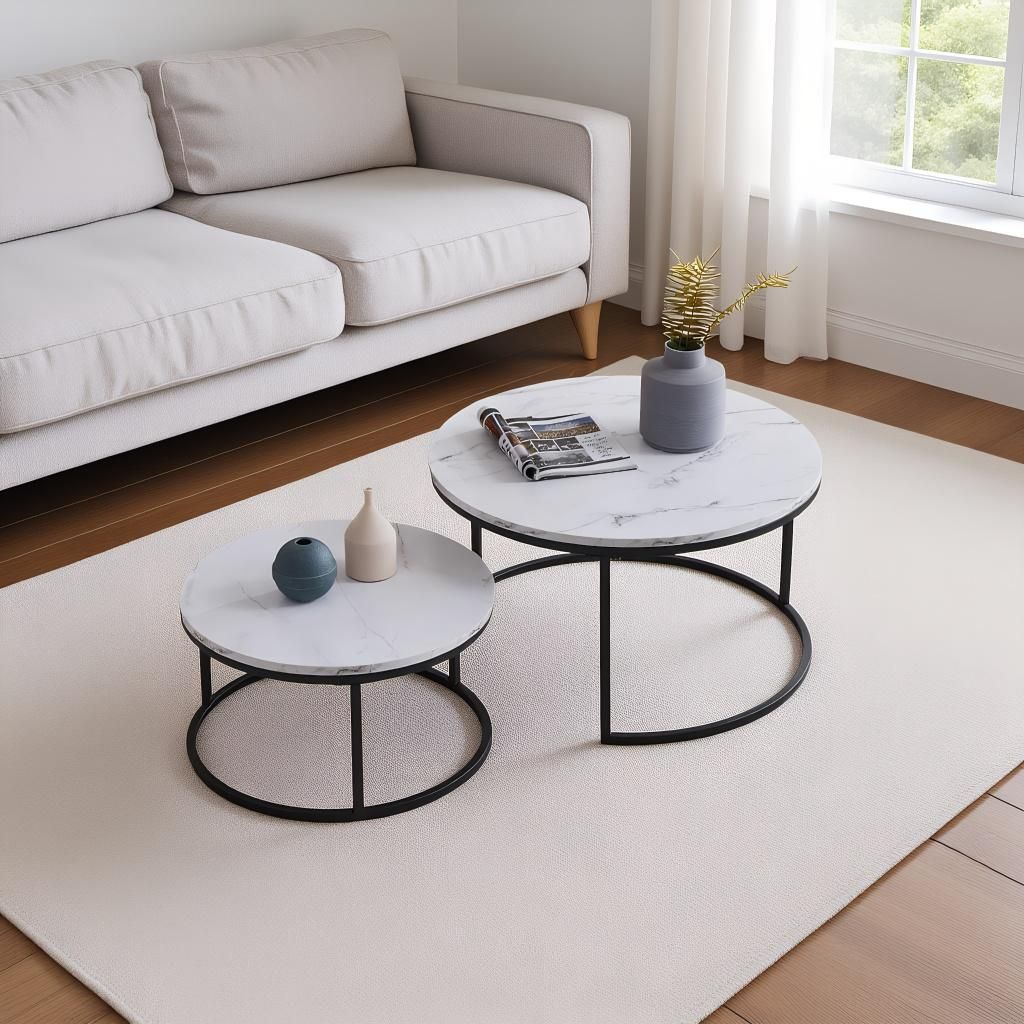 INONEFT Round Nesting Tables Coffee Table Set of 2, Modern Nesting Table with Sturdy Metal Frame, Suitable for Living Room, Office, White+Black