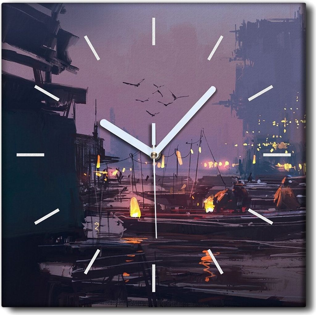 Coloray Uhr auf Leinwand 30x30 cm Wand Uhr Dekoration Wohnzimmer Segeltuch weiße Zeiger -Boot Hafenstadt Nacht