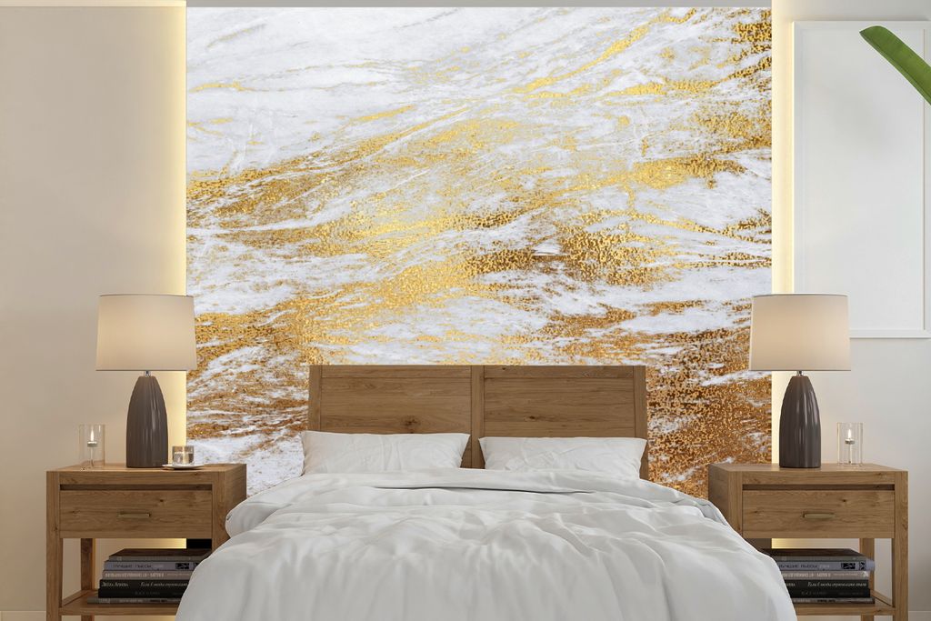 MuchoWow Fototapete für Wohnzimmer oder Schlafzimmer Wandtapete Vinyl Motivtapete Marmor - Grau - Gold - 280x280 cm - Hintergrundbild