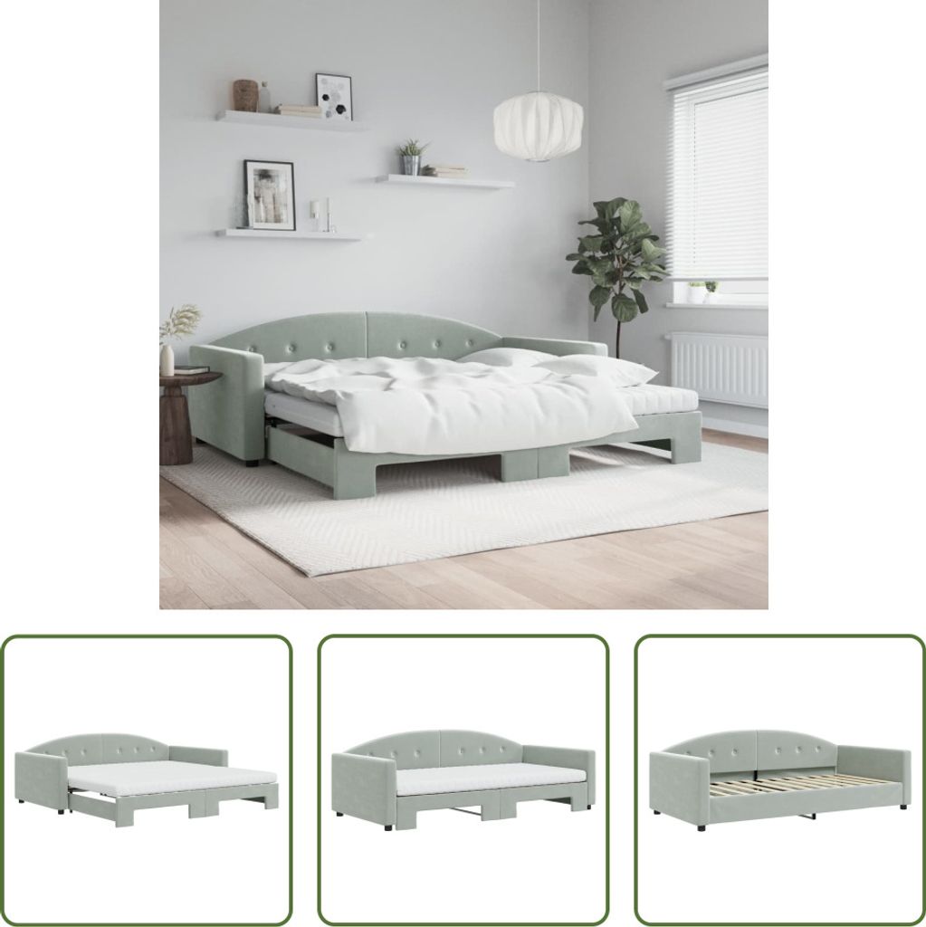 The Living Store Tagesbett Ausziehbar mit Matratzen Hellgrau 100x200 cm Samt