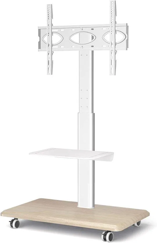 Support TV mobile sur roulettes avec base bois pour écrans de 165 cm
