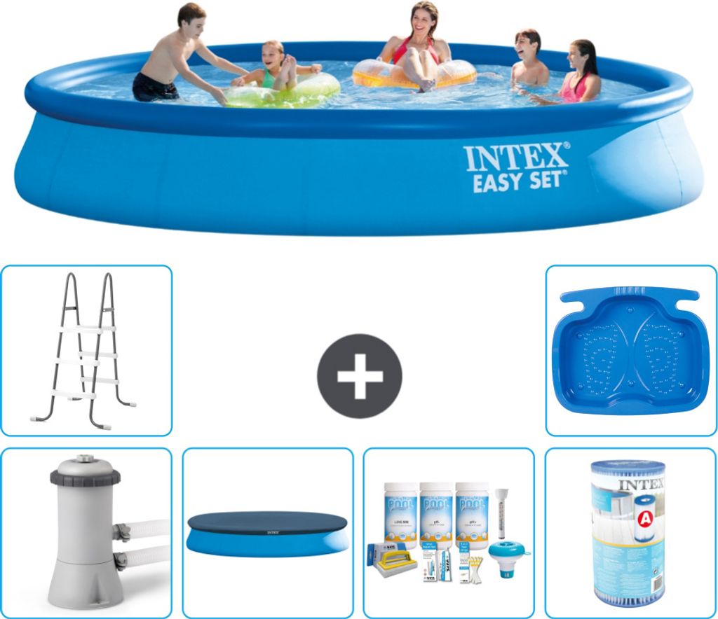Intex runder aufblasbarer Easy Set-Schwimmpool – 457 x 84 cm – Blau – inklusive Pumpe Abdeckung - Wartungspaket - Filter - Leiter - Fußbad