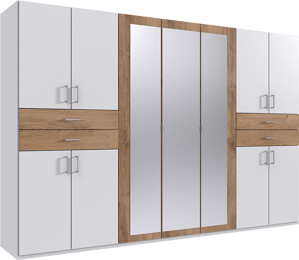 Kleiderschrank mit Spiegel, 313 cm breit modern in weiß mit Eiche TREVISO-43