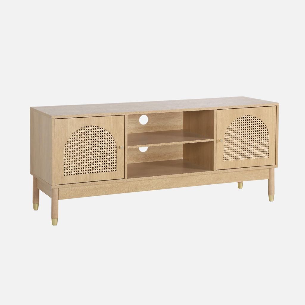 sweeek - TV Möbel Holzdekor und Rattan-Geflecht 2 Türen 140cm - Natur