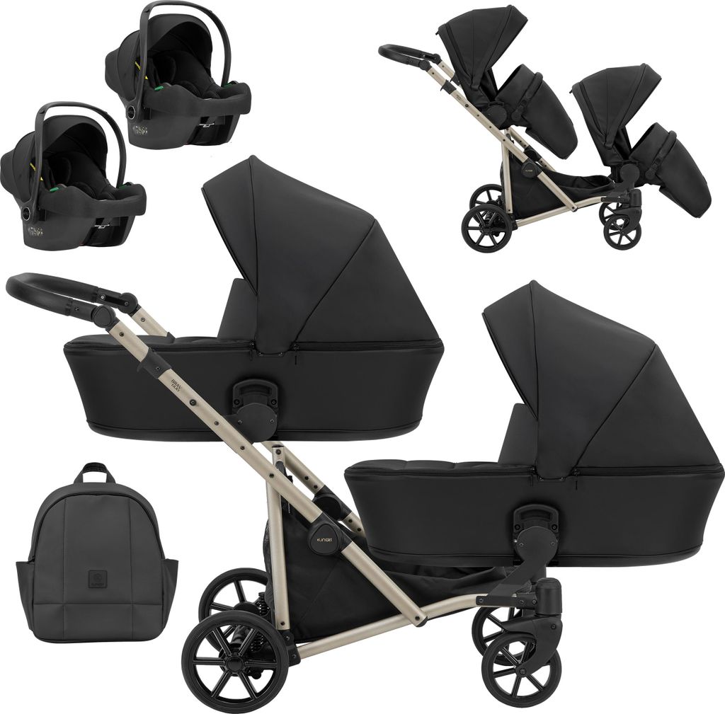 Kunert BRAV DUO 3in1 Doppelkinderwagen in Schwarz mit Gelrädern und Champagnerrahmen