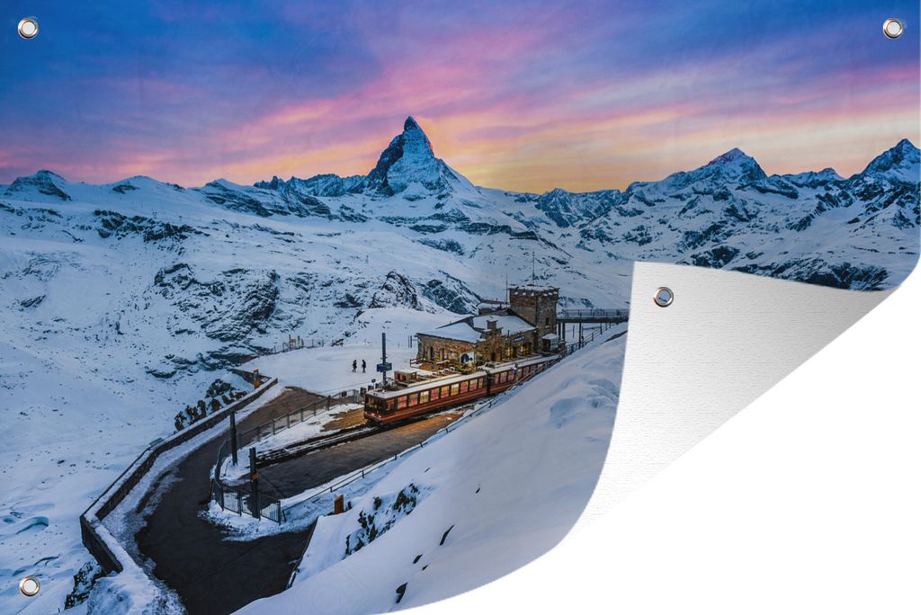MuchoWow 120x80 cm Outdoor-Poster Gartendeko Sichtschutz Garten Poster für den Garten Dämmerung am Schweizer Matterhorn bei der Gornergratbahn