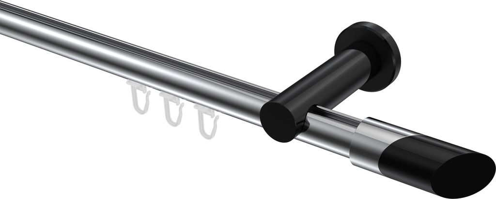 Interdeco Innenlaufstange / Gardinenstange mit Innenlauf Chrom / Schwarz, Typ Platon Verano (Schräge Bicolor), 20 mm Ø 1-läufig, 160 cm