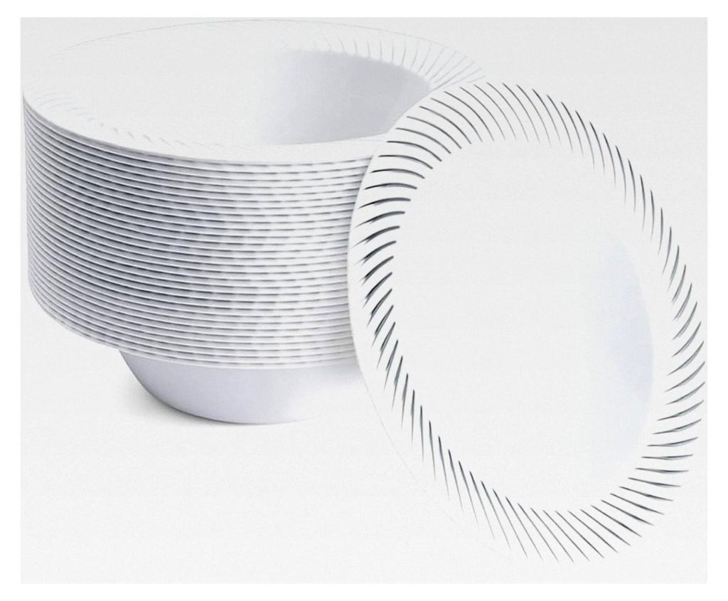 20 Weiße Plastikschalen mit Silberrand, Suppenteller, Suppenschalen (360ml) - Suppenschüsseln für Hochzeiten, Geburtstagsfeiern, Taufen, Weihnac...
