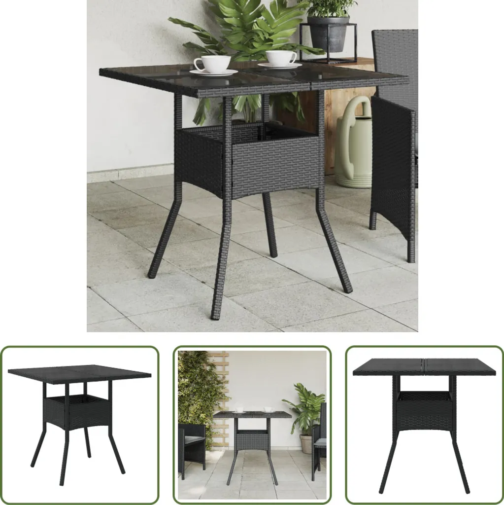 Tavolo Balcone Nero 80x80x75 cm Poly Rattan Piano in Vetro