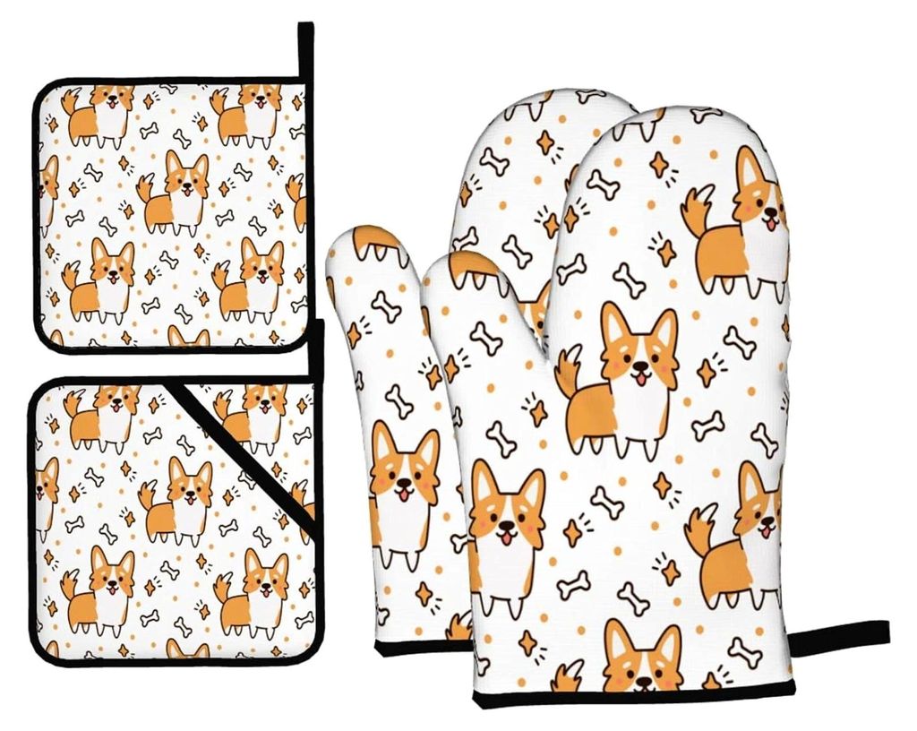 Ofenhandschuhe und Topflappen-Set mit Hunde- und Knochenmuster, 4 Stück, für Backen und Grillen