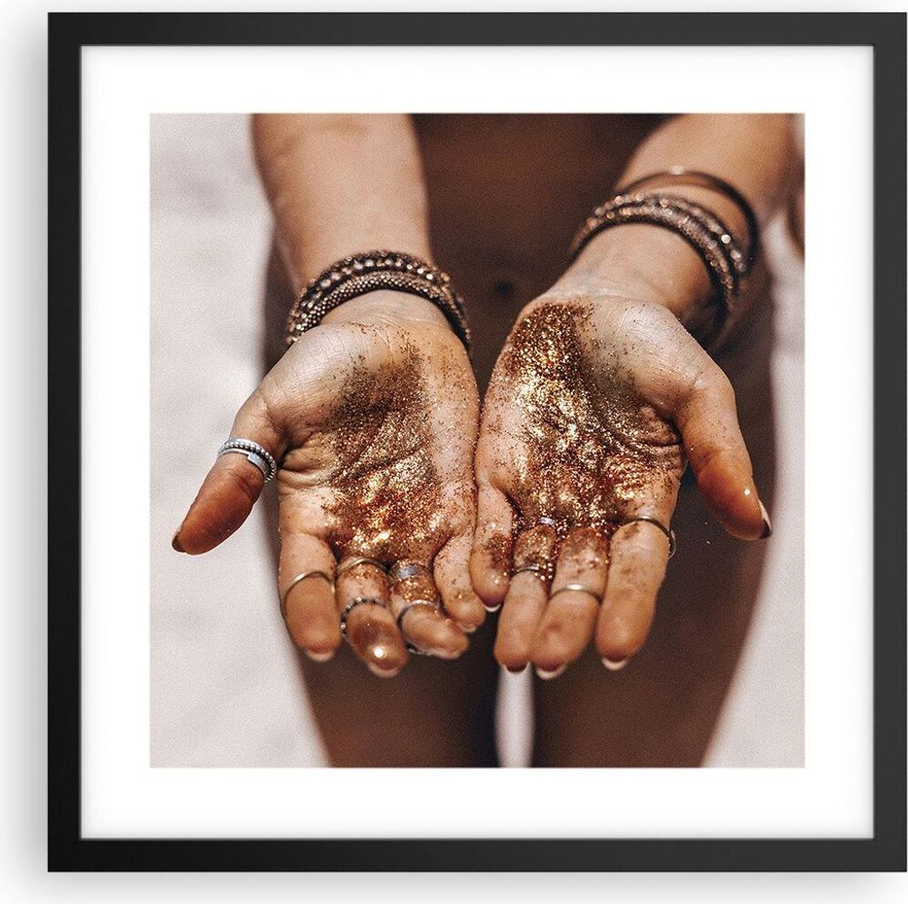 Gerahmtes Poster - Schwarzer Rahmen - Hände Strand Gold - 40x40 cm - Wand Bild - Wanddeko - Wandbilder - Kunstposter - Wandposter - Bilderrahmen -...