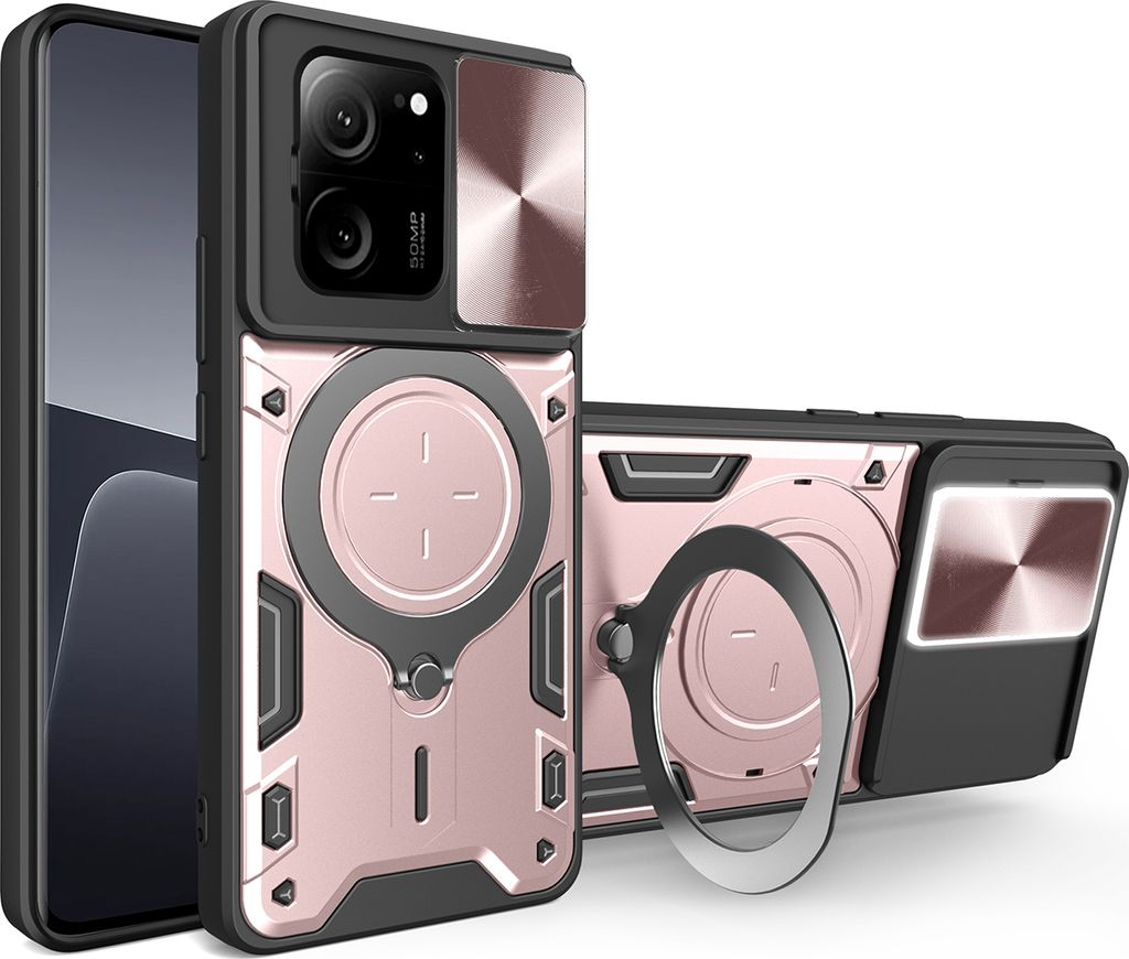 Handyhülle für Xiaomi 13T /13T Pro /Redmi K60 Ultra Dual-Layer Stoßfest Rüstung Hülle mit Dia Kameraschutz und Kreisförmig Ring Ständer Ros...