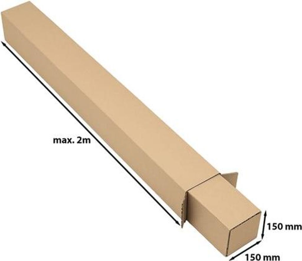 A long, rectangular cardboard box, likely for shipping or storage, is shown diagonally against a white background. Dimensions are indicated.