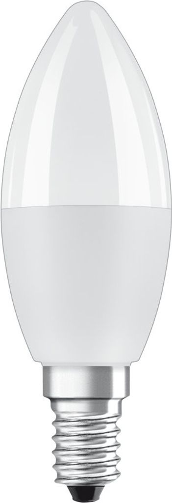 A close-up studio shot of a white LED candle light bulb with a silver screw base.