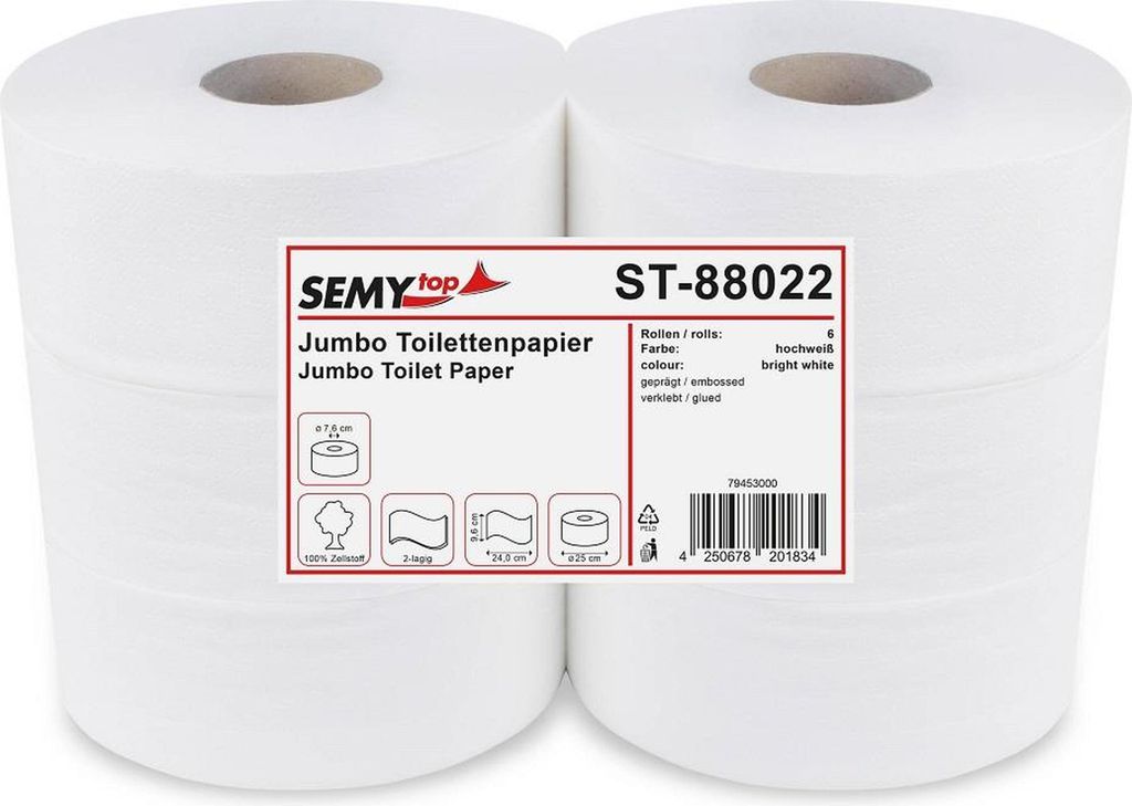 Jumbo Toilettenpapier SemyTop - 2-lagig - 25 cm - hochweiß - 6 Rollen