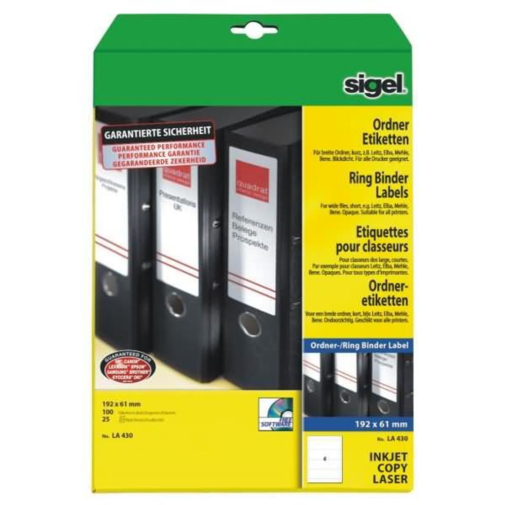 SIGEL LA430 Ordner-Etiketten, für breite Ordner, kurz, 192 x 61 mm, weiß, blickdicht, 100 Etiketten