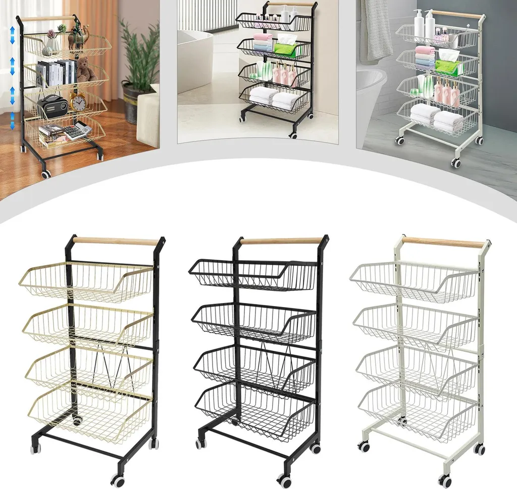 Carrello da cucina - carrello a 4 livelli - 10 kg per cesto - Acciaio al carbonio e legno massiccio - bordo di protezione 12 cm, ripiano 12 mm - nero