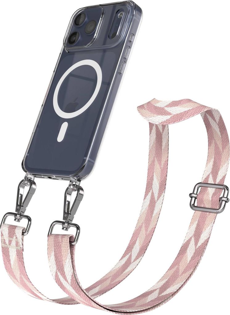 EAZY CASE - Handykette mit MagSafe Hülle für Apple iPhone 17 Pro Max, Handyband Mix Style, Karabiner Silber, Umhängeband in Rosa