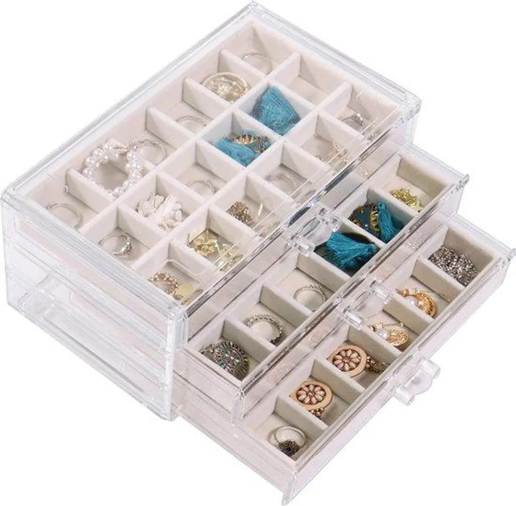 Petit coffret à bijoux beige à 3 tiroirs et miroir intégré pour bagues