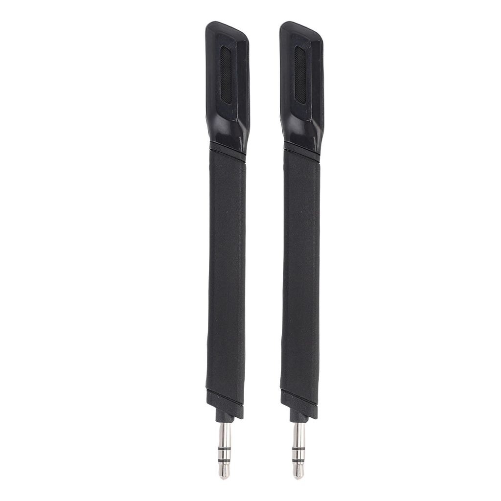 Two black microphone attachments with 3.5mm connectors are shown against a white background.